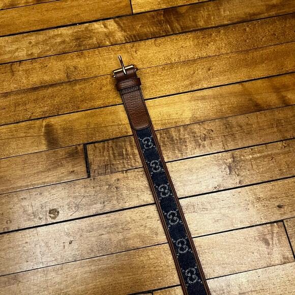 GUCCI WOMENS BROWN LEATHER & DENIM SQUARE BUCKLE BELT sz 70 NEW Authentic main image 11